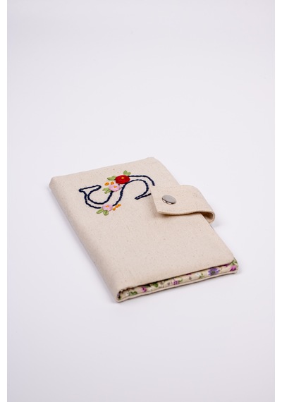 Fabric Craft Bag Kişiselleştirilebilir Kadın Cüzdan Ve Nakışlı Anahtarlık Seti Baş Harf İşlemeli Krem