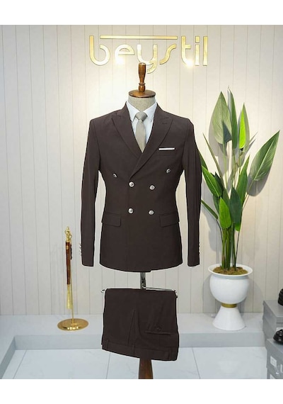 Bys Beystil Sivri Yaka Kahve Kruvaze Takım Elbise Nikol - Slim Fit