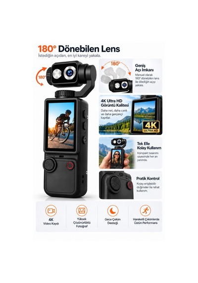 4k Ultra Hd Dijital Kamera 180 Dönen Lens Taşınabilir Video Fotoğraf Kamera 32gb Hafıza Kartı Hediyeli