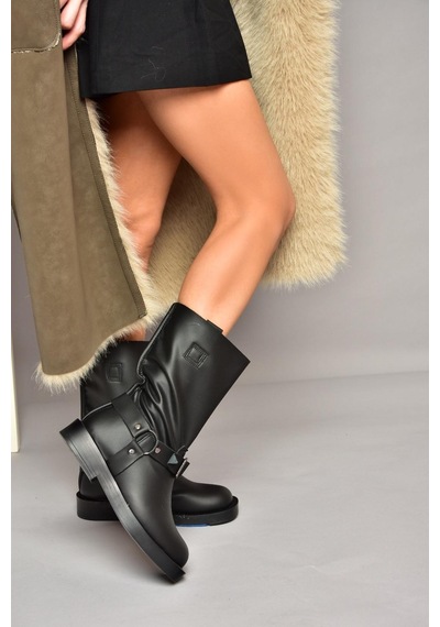Fox Shoes T973530309 Siyah Alçak Topuklu Kadın Bot Siyah-Suni Deri Siyah