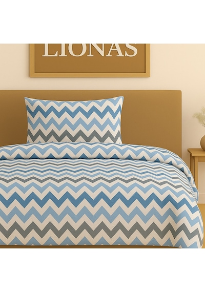Lionas Çift Kişilik Desenli Nevresim + 2 Adet Kapaklı Yastık Kılıfı MAVI