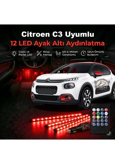 Citroen C3 Uyumlu Rgb Ayak Altı Led 12 Led Kumandalı Müzik Duyarlı Araç İçi Aydınlatma 7 Renk 12v 1
