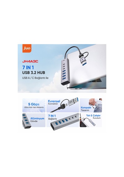 Juo Type-c Ve Usb-a 7 Portlu 4 Usb-a 3 Type-c 5gbps Usb 3.2 Çoklayıcı Hub Dönüştürücü