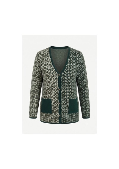 Onno Style Women Çelik Örgü Klasik Leopar Desen Triko Ceket Yeşil
