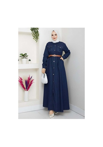 Hb Harma Time Butik Kadın Düğmeli Kemerli Denim Lacivert Kot Elbise Lacivert Lacivert