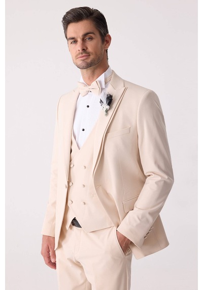 Ysf Erkek Slim Fit Sivri Yaka Yelekli Damatlık Bej