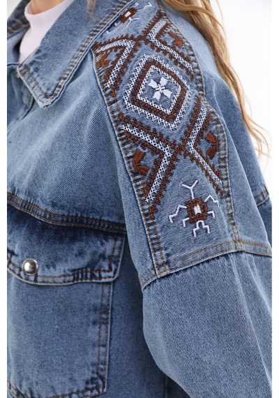 Esb Design Kadın Mavi Cepli Etnik Mevsimlik Düğmeli Uzun Denim Nakışlı Kot Ceket A36-085