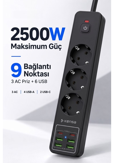 Akım Korumalı Priz 3'lü 4x Usb-a + 2x Usb-c 2 Metre Kablo 2 M