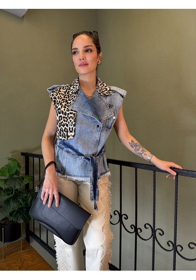 Ali Butik Leopar Detaylı Denim Yelek