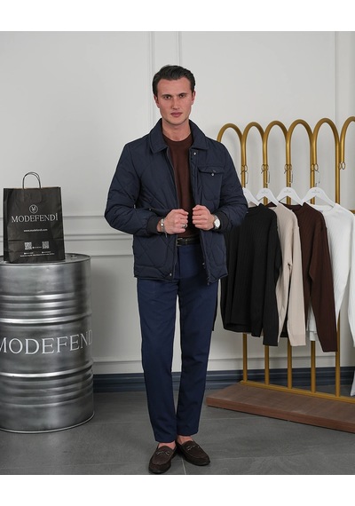Modefendi Slim Fit Baklava Desen Torba Cep Dolum Elyaf Mont Lacivert