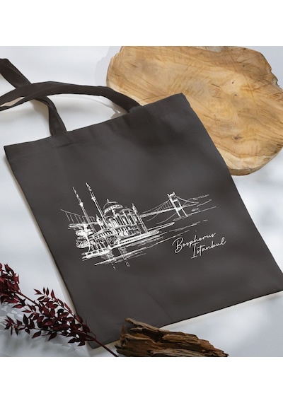 Bk Gift İstanbul Tasarımlı-5 Antrasit Kumaş Bez Çanta, Baskılı Omuz Çantası, Alışveriş Çantası, Anneye Hediye Sarı