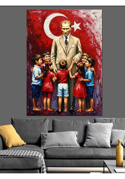 Türkiye Çocuk Ve Atatürk Sevgisi Dekoratif Kanvas - Mdf Ahşap Tablo