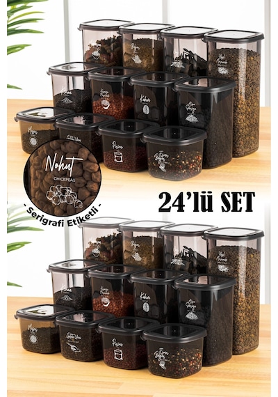Vienev Beyaz Serigrafi Etiketli 24lü Peggy Kare Saklama Kabı 8x 0,55 Litre, 1,2 Litre, 1,75 Litre Antrasit