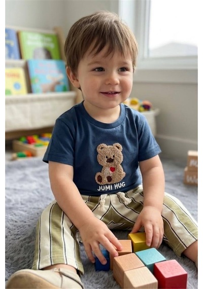 Noble Kids Erkek Bebek Ayıcık Nakışlı Tişört Ve Çizgili Eşofman Takımı Çok Renkli