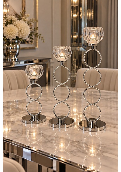 Modern 3 Lü Krom Dekoratif Şamdan Mumluk Seti 32 -26-22cm Gümüş Gümüş