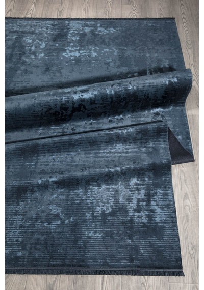 Mavi Rengi Vintage Bambu Altı Kaymaz Makine Dokuma Halı-16