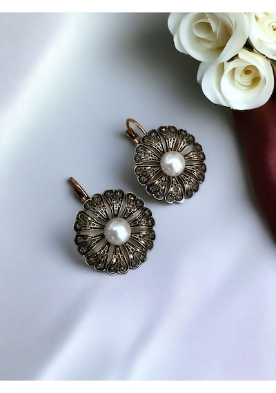 Black Diamond Taşlı İnci Çiçek Küpe Gri