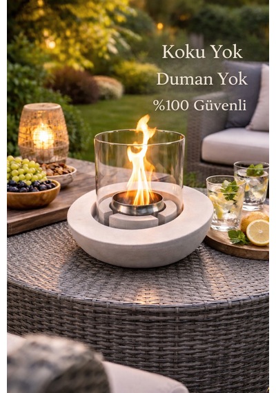 Bacasız Beton Masaüstü Şömine Kokusuz, Dumansız %100 Güvenli 1 Litre Yakıtı Hediyeli Beyaz