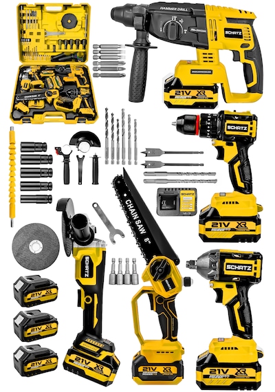 Schatz 21v Darbeli Kömürsüz 5'li Set Kırıcı Delici Hilti - Somun Sıkma Sökme - Testere - Matkap - Vidalama Sarı
