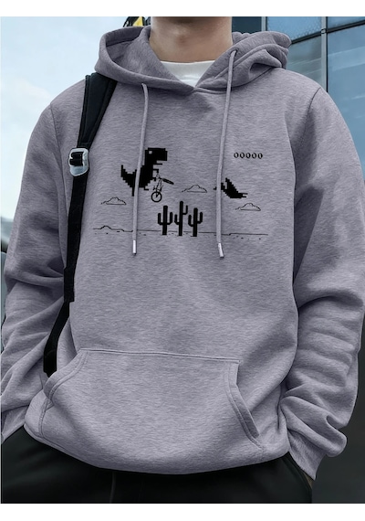 Startmore Tarzsokak Dinozorlar Kaktüs Üzerinde Baskılı Erkek Kapüşonlu Üstü Sonbahar Cepli Sweatshirt Temel Polar Gri