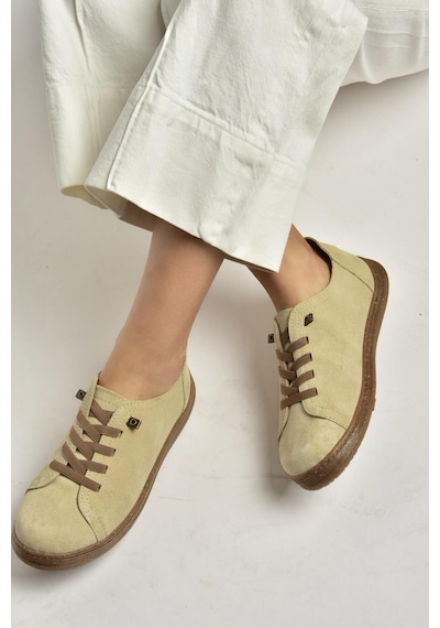 Fox Shoes Y999364003 Bej Hakiki Deri Süet Kadın Spor Ayakkabı Sneakers Bej