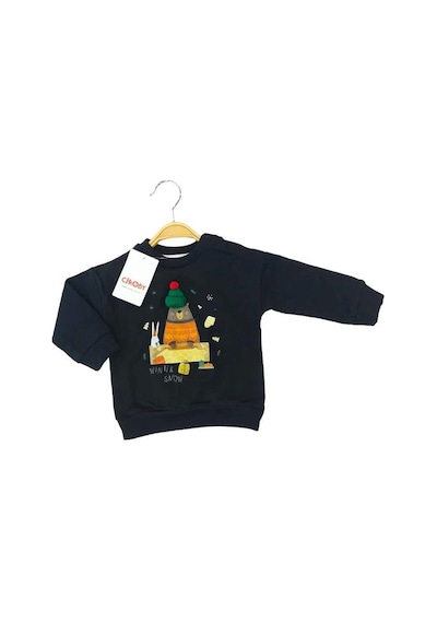 Çikoby Bebek Örgü Şapkalı Ayı Baskılı Sweatshirt-13519 Siyah