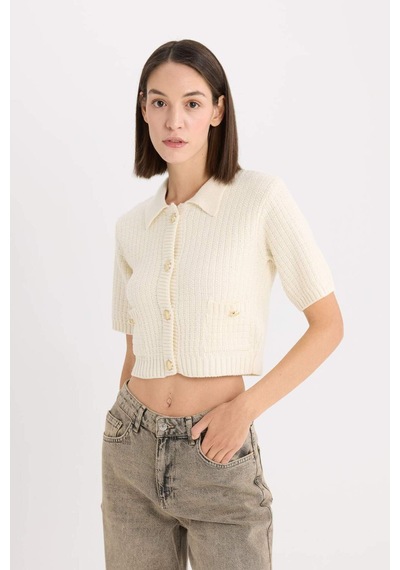 DeFacto Cropped Fit Gömlek Yaka Düğmeli Triko Kısa Kollu Hırka E1977AX24WNER105