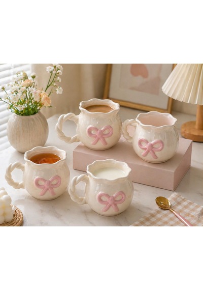 Donna Pembe Fiyonklu Seramik Kupa - 350 Ml Kahve Ve Çay Kupası Beyaz - Çok Renkli
