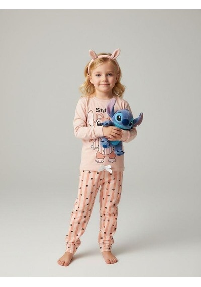 Kız Çocuk Pamuklu Karakter Baskılı Pijama Takımı-16827 Pudra
