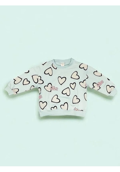 Kız Çocuk Kalp Detaylı Pamuklu Sweatshirt-15169 Mint