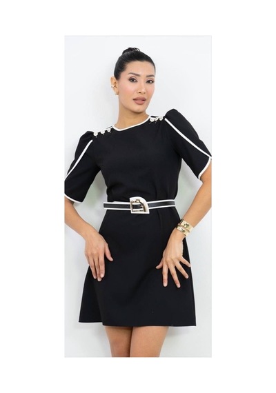Dorne Moda Kemer Detaylı Mini Elbise Siyah Siyah