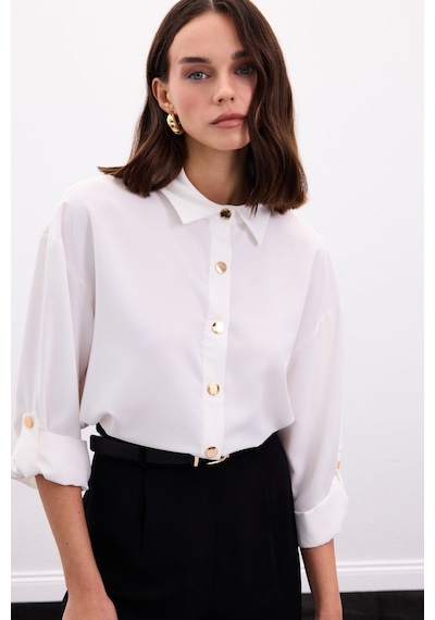 Sateen Çıtçıt Detaylı Gömlek - Ekru-136898 ekru