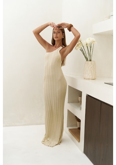 Mai Collection Mai Studios Co. Endah Halka Detaylı Asimetrik Bej Uzun Triko Elbise Bej