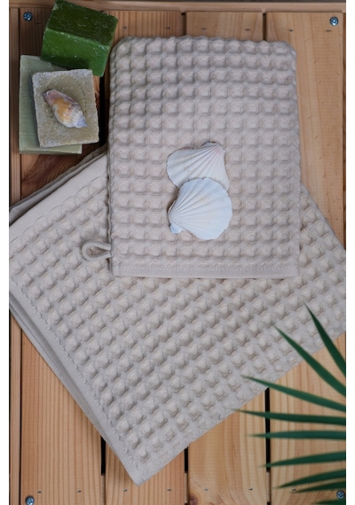 %100 Pamuk Premium Pike Desenli 2 Li Set Bej: Havlu 50x100cm El, Yüz Havlusu & 16x22cm Kese Bej