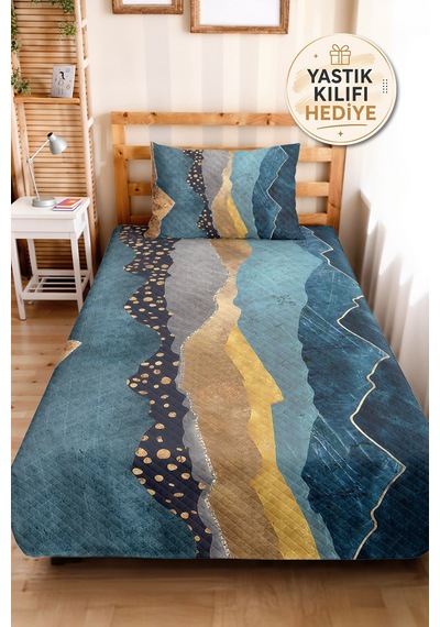 Mavi Geometrik Genç Odası Tek Kişilik Pike Takımı - Antrasit Gold 160x220 Cm Kapitone Yatak Örtüsü Mahmur Kıyı Gölgeliği
