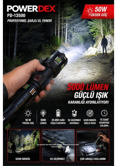 Şarjlı El Feneri 5000 Lümen 24.000 Mah Lityum Pil Taşıma Çantalı Profesyonel Set Pd-13500 Çok Renkli