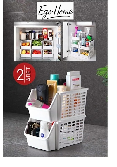 2 Adet Üst Üste Geçebilen Çok Amaçlı Banyo Lavabo Altı Düzenleyici Organizer Büyük Boy - Beyaz