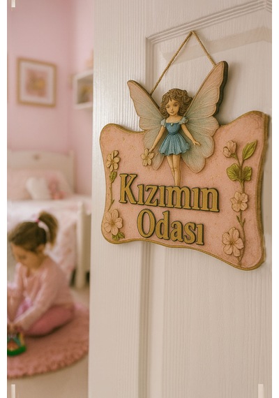 Kızımın Odası Yazılı Melek Tasarımlı Ahşap Mdf Kapı Süsü - Uv Hd Baskılı Eskitme Açık Pembe