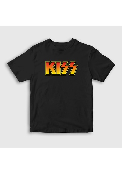 Presmono Unisex Çocuk Logo Kiss T-shirt Siyah