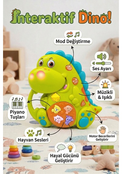 Vardem Eğitici İnteraktif Müzikli Ve Işıklı Dinozor Bebek Oyuncağı Hayvan Sesli Piyano