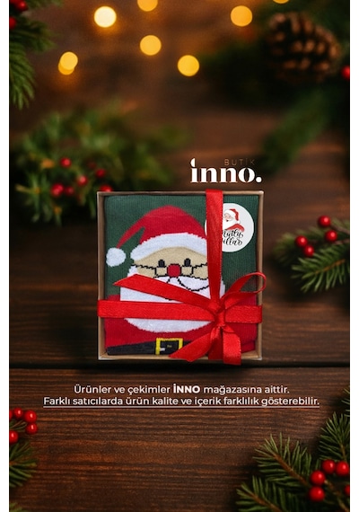 Inno Yılbaşı Desenli Noel Babalı Kraft Kutulu Çorap Tekli Kırmızı