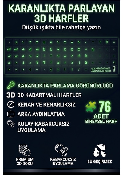 Arapça Karanlıkta Parlayan 3d Klavye Etiketi Uv Transfer, Şeffaf, Kabartmalı Harfler, İz Bırakmaz, Işıksızda Görünür Siyah Diğer