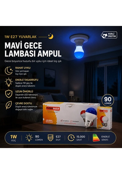 Nisaluce Eamp-075 1w E27 Mavi Yuvarlak Gece Lambası Led Ampul- 10'li Paket Diğer