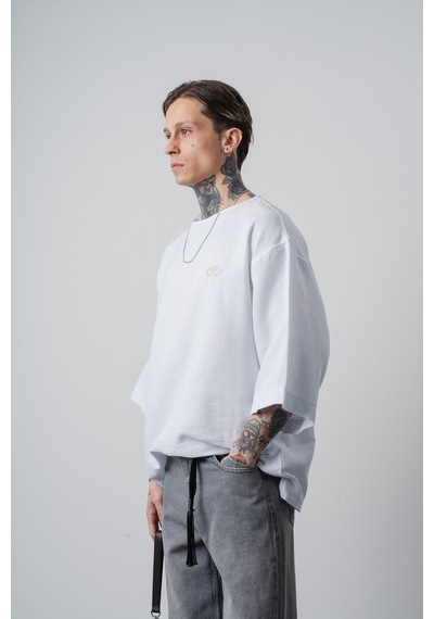 Respire Erkek R Nakışlı Fakir Kol Müslin Oversize T-shirt Beyaz