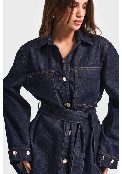 Kadın İndigo Renk 7w5-50 Kemer Detaylı %100 Koton Denim Trençkot