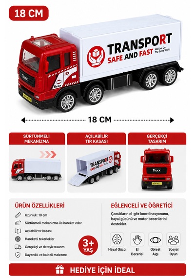 18 Cm Sürtünmeli Mekanizmalı Oyuncak Kargo Tır