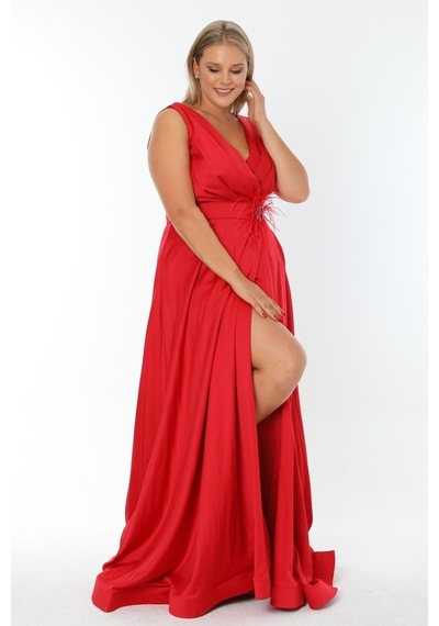 Ladies First Büyük Beden 3434 Kırmızı Uzun Abiye Elbise