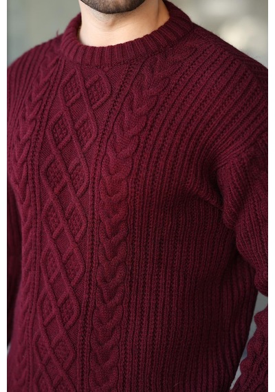 Madmext Bordo Örgü Desenli Triko Erkek Kazak E7425 Bordo