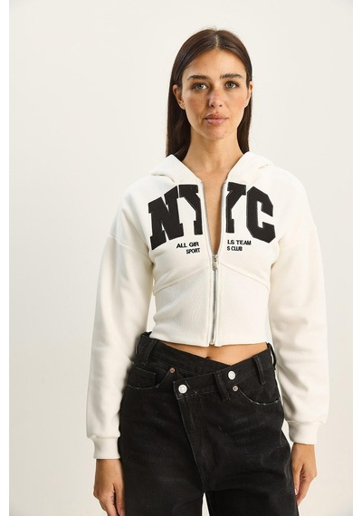 Shade Kadın Nyc Nakışlı Üç İplik Şardonlu Kapüşonlu Crop Hırka 6942 60283794 - Beyaz