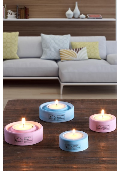 Holder | 4'Lü Set Mumluk | Tea Light Mumluk Seti | Pembe-Mavi